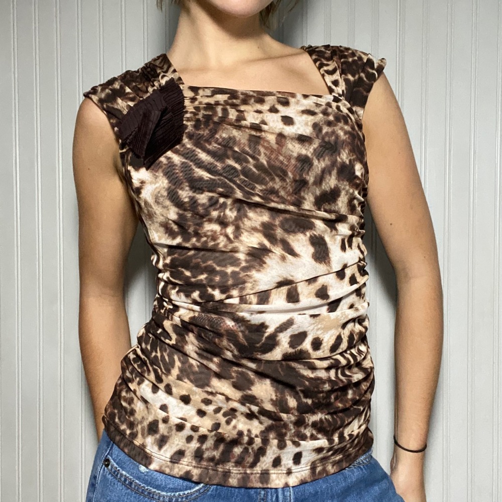 New York & Company Mob Wife Brown Leopard Mesh Ruched Applique Top - XS